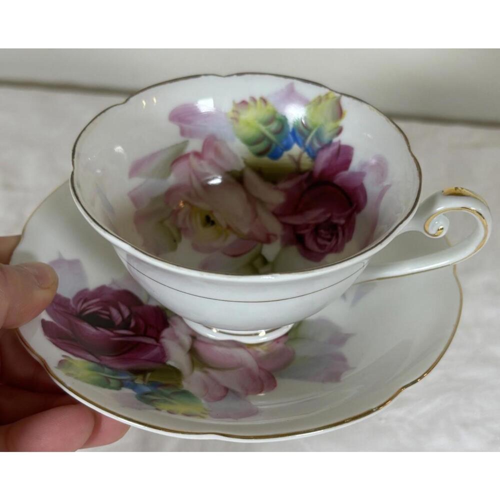 Vintage Noritake Japan Teacup & Saucer Roses Gold Trim 1920s–40s